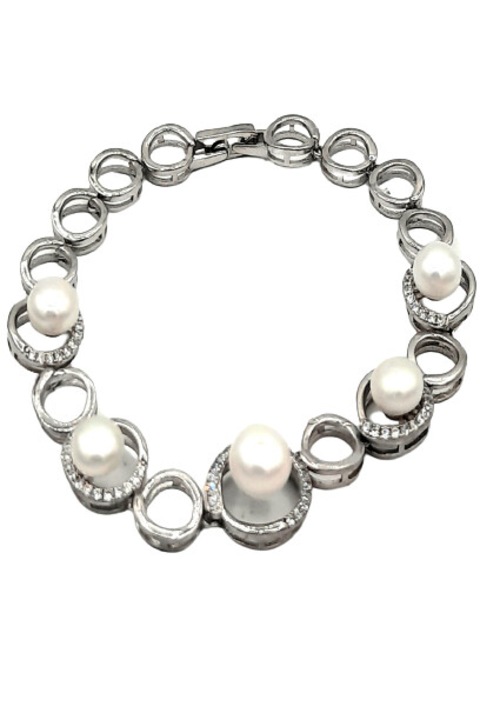 Bratara Argint 925 cu 5 perle de Mayorka si pietre de ziconiu in montura cercuri