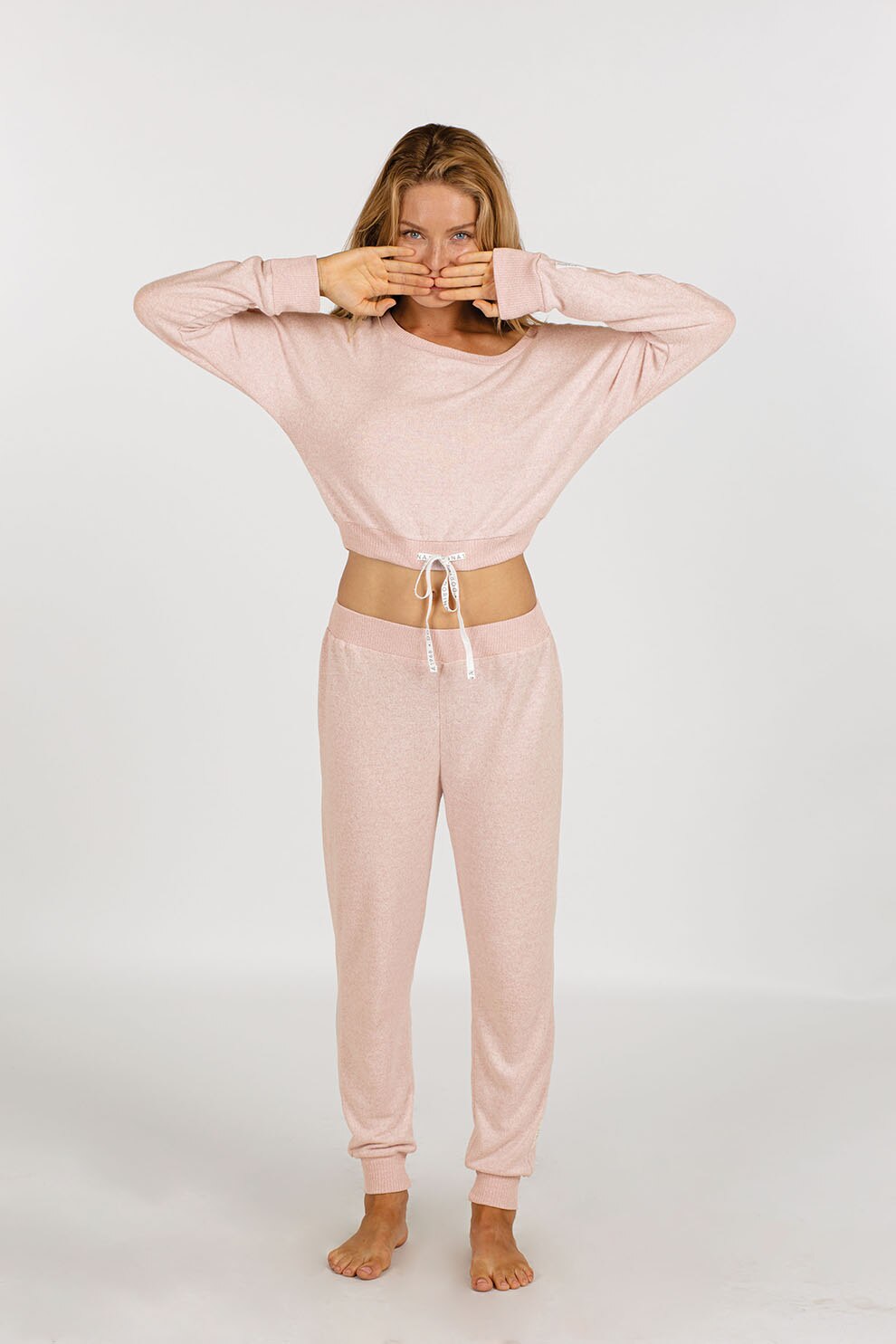 Dorina,Bluza crop de casa din jerseu cu terminatie cu snur, Roz melange