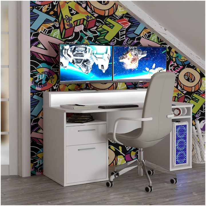 Kring Gaming Íróasztal, 160 x 91 x 72 cm, fehér szín, 2 fiókkal, LED-el