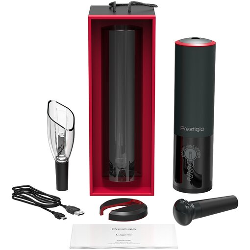 Tirbuson electric automat Prestigio Lugano PWO102BK, autonomie 80 de sticle, baterie Li, accesoriu taiere folie, dop pastrare, aerator