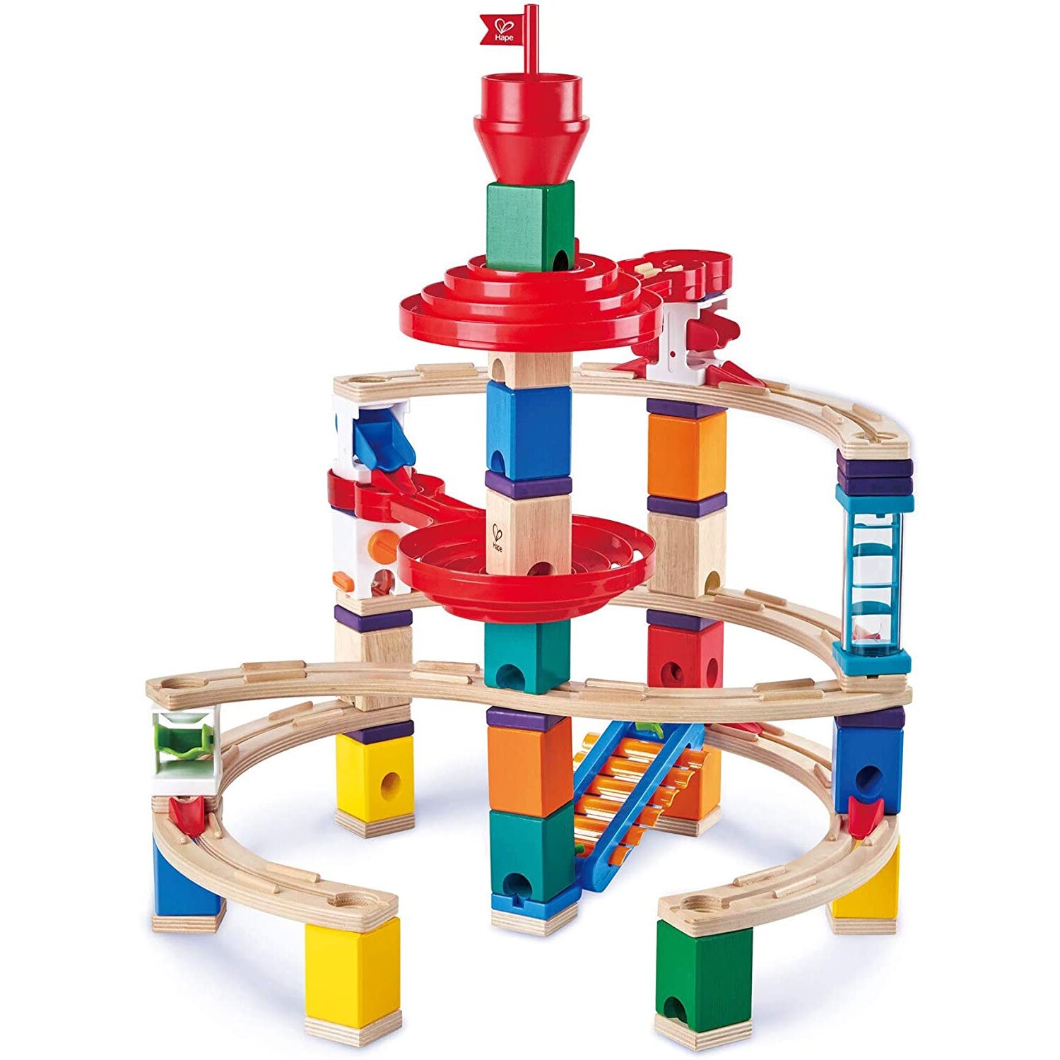 Jucarie educativa, Hape, The Super Spiral Quadrilla cu 129 piese din lemn si plastic, pentru dezvoltarea imaginatiei si gandirii