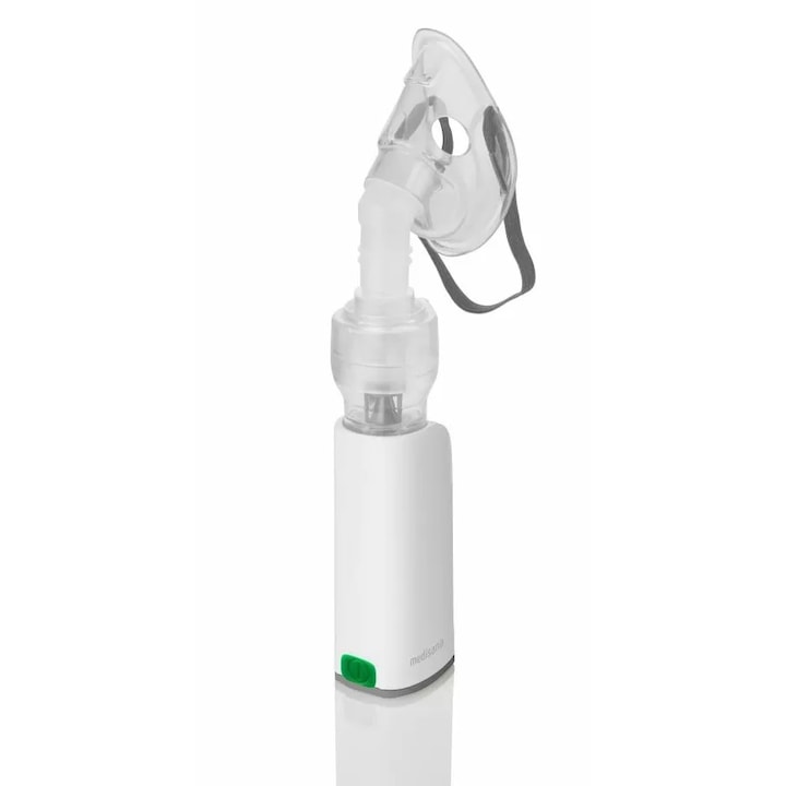 Компресорен инхалатор Medisana IN 535, С акумулаторна батерия, Компактен, За деца и възрастни, Капацитет 6 мл, Приставки за нос и уста, Бял
