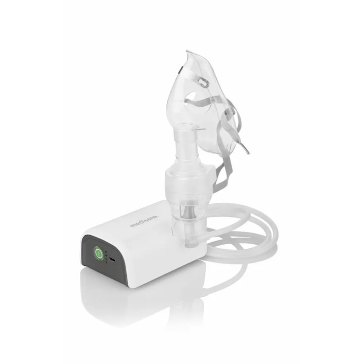 Компресорен инхалатор Medisana IN 600, С акумулаторна батерия, Компактен, За деца и възрастни, Капацитет 6 мл, Приставки за нос и уста, Бял