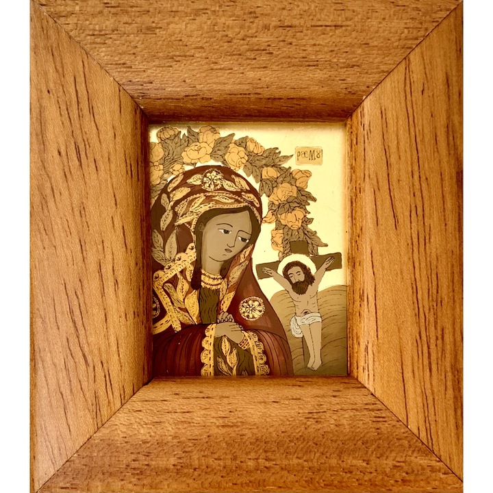 Icoana pictata manual pe sticla,Maica Domnului Indurerata , Fecioara Maria, 10x 9 cm