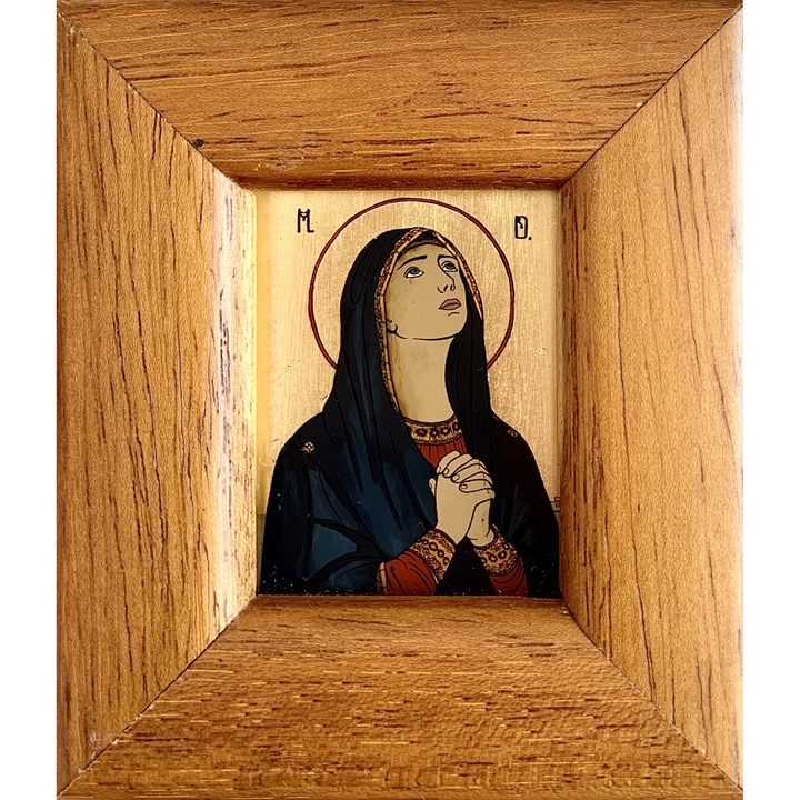Icoana pictata manual pe sticla, Maica Domnului Indurerata , Fecioara Maria, 10 cm x 9 cm