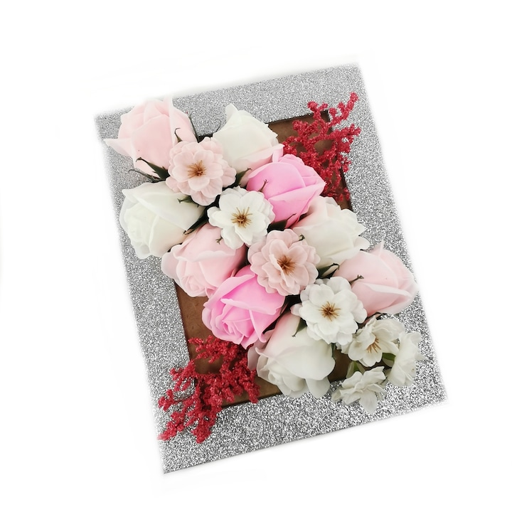Tablou floral, Sevirox Decor, cu trandafiri din sapun fosforescenti si flori de cires, Model Romance, 20 cm x 8 cm x 23 cm (inaltime)