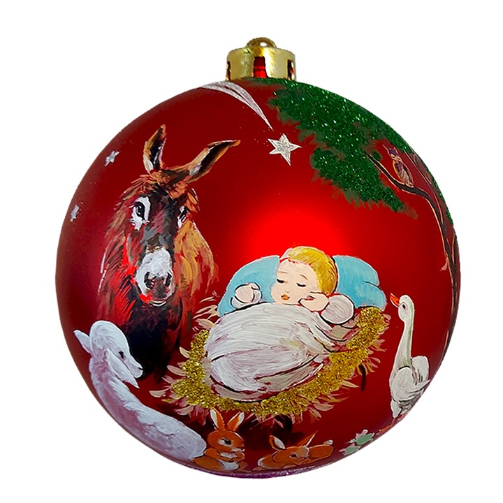 Globulet ArtDeco pentru bradul de Craciun, din plastic rosu cu Pruncul Sfant in iesle, pictat manual in culori acrilice, diametrul de 15 cm