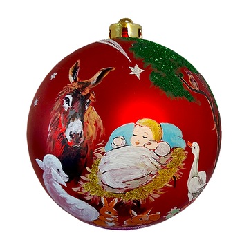 Globulet ArtDeco pentru bradul de Craciun, din plastic rosu cu Pruncul Sfant in iesle, pictat manual in culori acrilice, diametrul de 15 cm Globulet ArtDeco pentru bradul de Craciun, din plastic rosu cu Pruncul Sfant in iesle, pictat manual in culori acrilice, diametrul de 15 cm