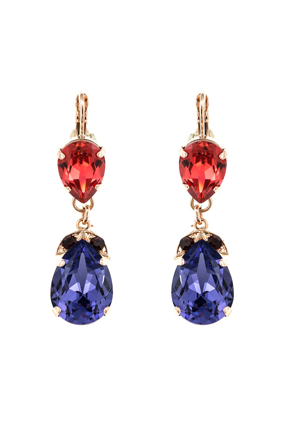 Roxannes - Mariana Jewellery, Cercei placati cu aur rose de 24K si decorati cu cristale, Auriu/Rosu/Albastru