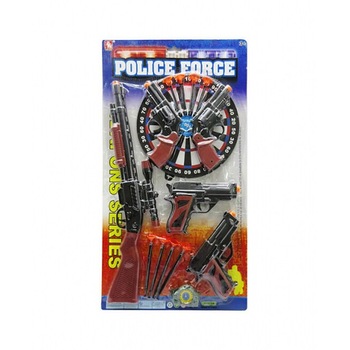 Set arme cu pusca cu luneta, 4 pistoale, tinta si ventuze, 19 piese,41x22.5 cm Set arme cu pusca cu luneta, 4 pistoale, tinta si ventuze, 19 piese,41x22.5 cm