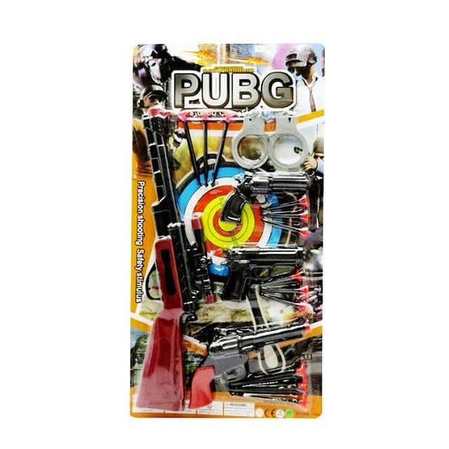 Set arme cu pusca cu luneta, 3 pistoale, catuse, ventuze, 21 piese,39x23 cm