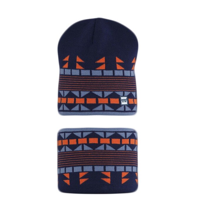 Set doua piese baieti, caciula-fular, bleumarin-portocaliu, 44-46 cm