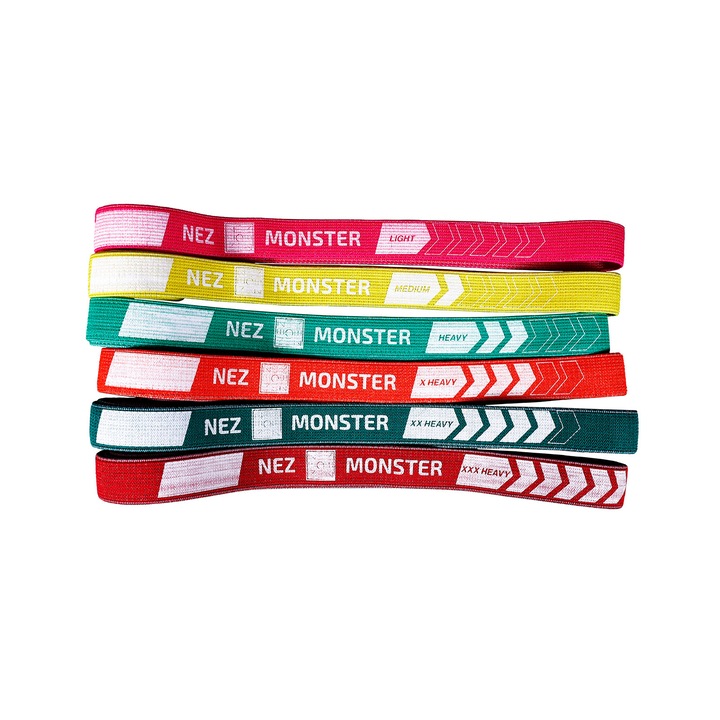 Set 6 Benzi Lungi NEZ Textil - Powerbands Elastice de Rezistenta din Material Fibre Textile Pentru Masa Musculara, Forta, Cross Training, Antrenament Functional, Coordonare, Mobilitate, Stretching