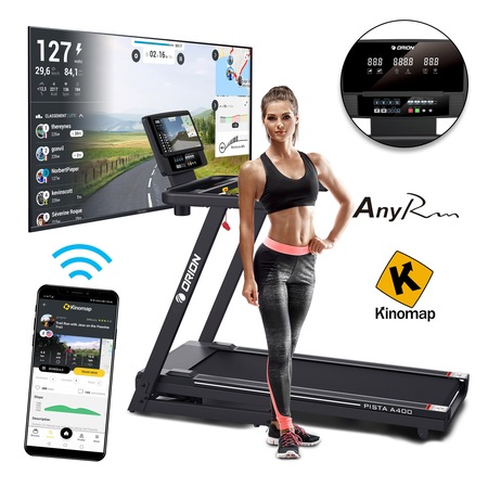 Banda de alergat electrica Orion Pista A400, Bluetooth, Kinomap, AnyRun greutatea maxima a utilizatorului 100 kg, inclinare electrica, pliabila