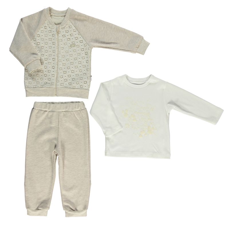 Set 3 piesecu jacheta, bluza si pantaloni, bumbac, fete, Bebetto, Best Girl, Bej