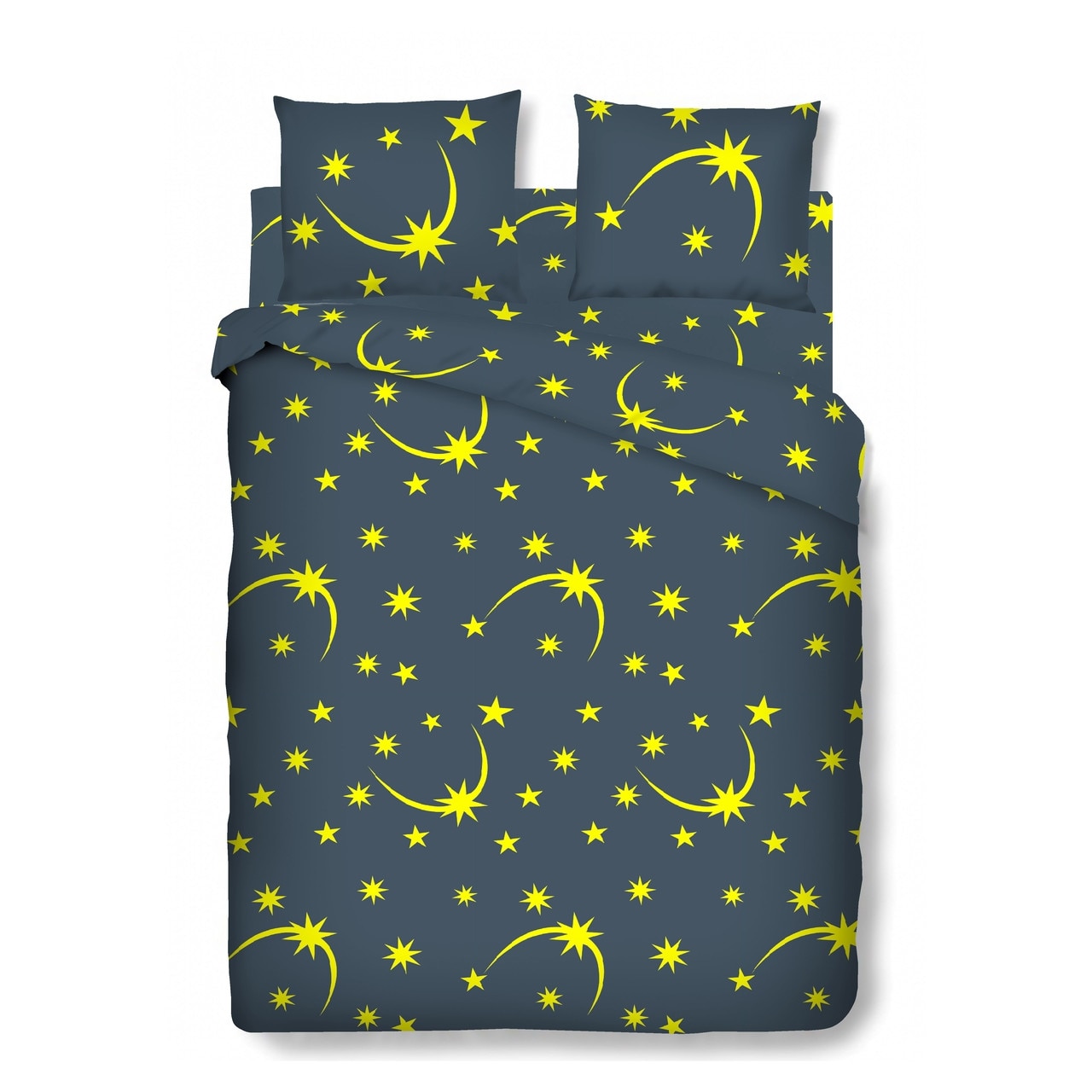 Lenjerie de pat dubla Stars, Bedora, 4 piese, 100% bumbac, Galben/Albastru