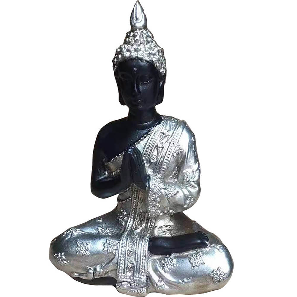 Buddha in meditatie, statueta decorativa simbol de liniste si iluminare, argintiu, 10 cm