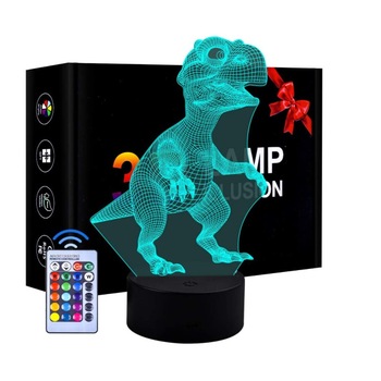 Lampa LED cu holograma dinozaur 3D, Cu telecomanda si USB, 7 culori, Negru Lampa LED cu holograma dinozaur 3D, Cu telecomanda si USB, 7 culori, Negru
