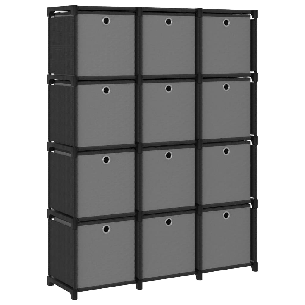 Raft vertical de expunere cu 12 cutii depozitare, vidaXL, Tesatura/Otel, 103 x 30 x 141 cm, Negru