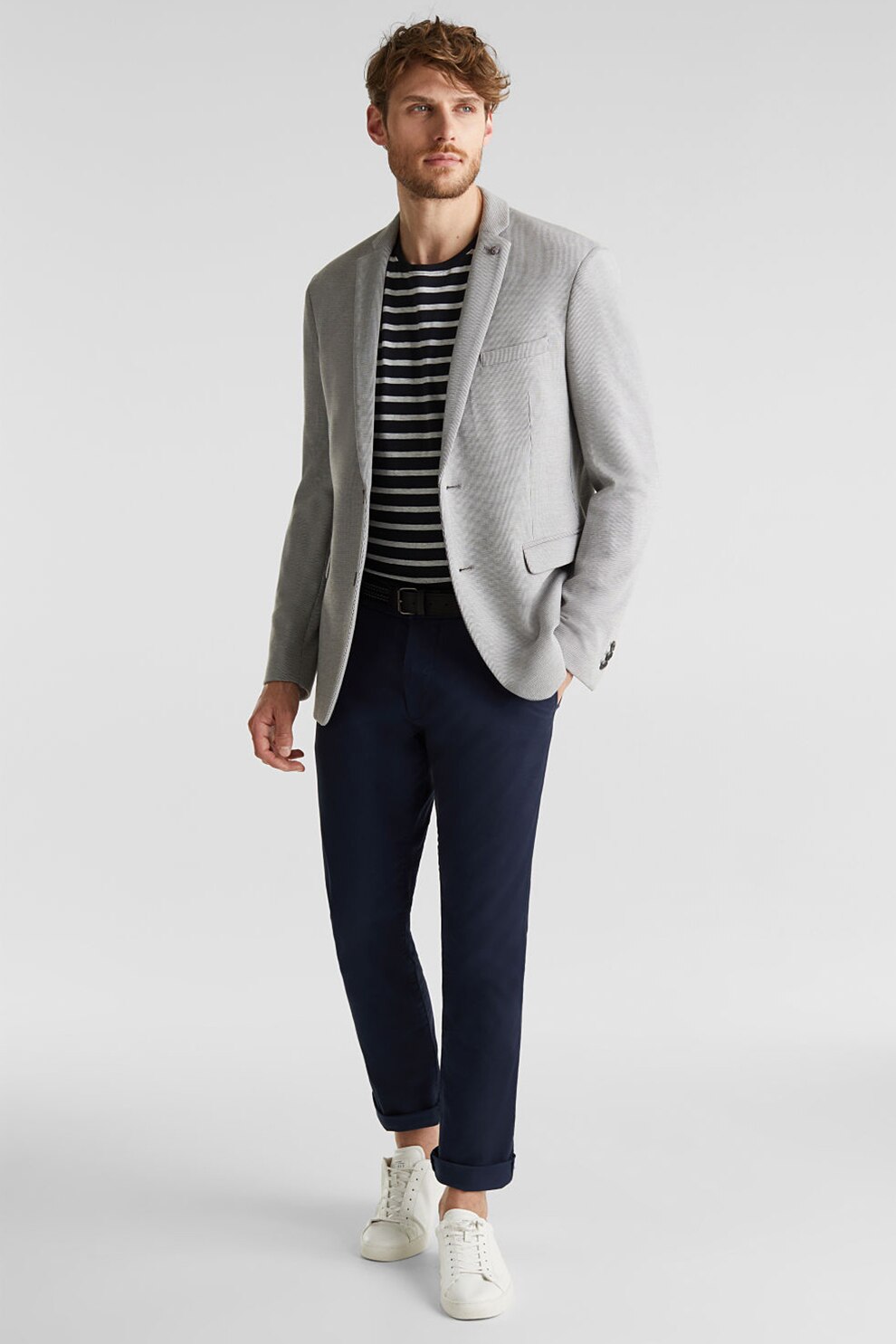 Esprit, Pantaloni chino slim fit cu o curea, Bleumarin