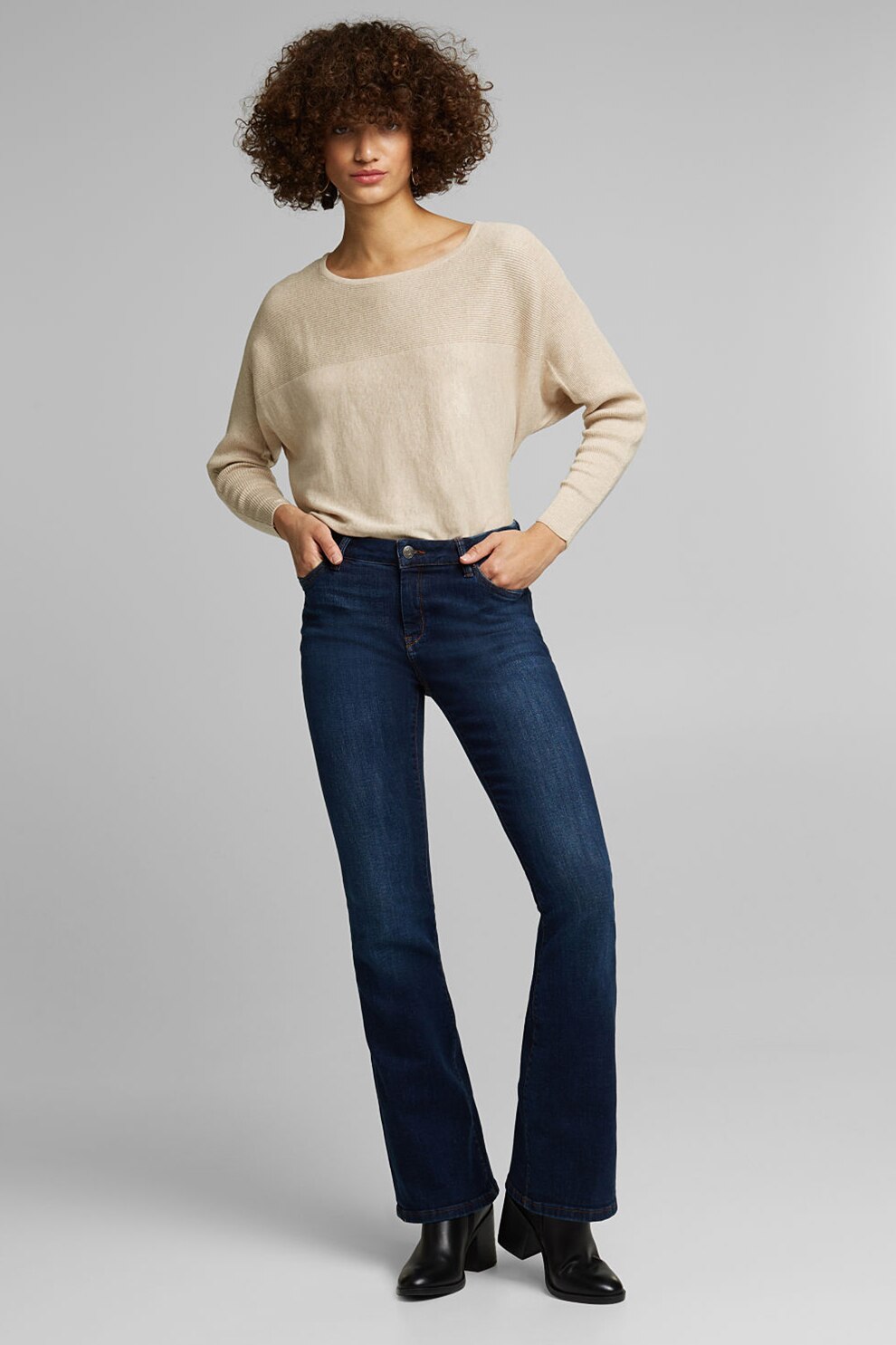 Esprit, Pulover din bumbac organic cu maneci liliac, Maro nisip