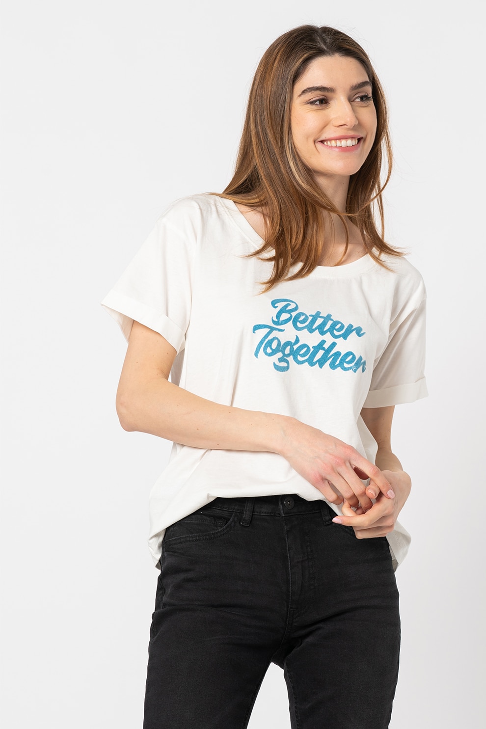 ICHI, Tricou de bumbac organic cu imprimeu text Lakeesh, Alb prafuit/Albastru prafuit