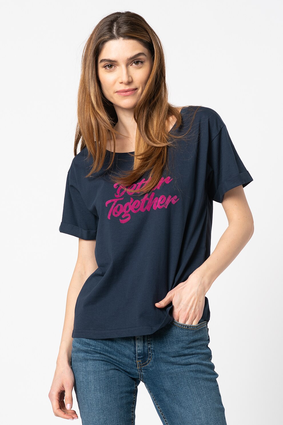 ICHI, Tricou de bumbac organic cu imprimeu text Lakeesh, Bleumarin/Roz