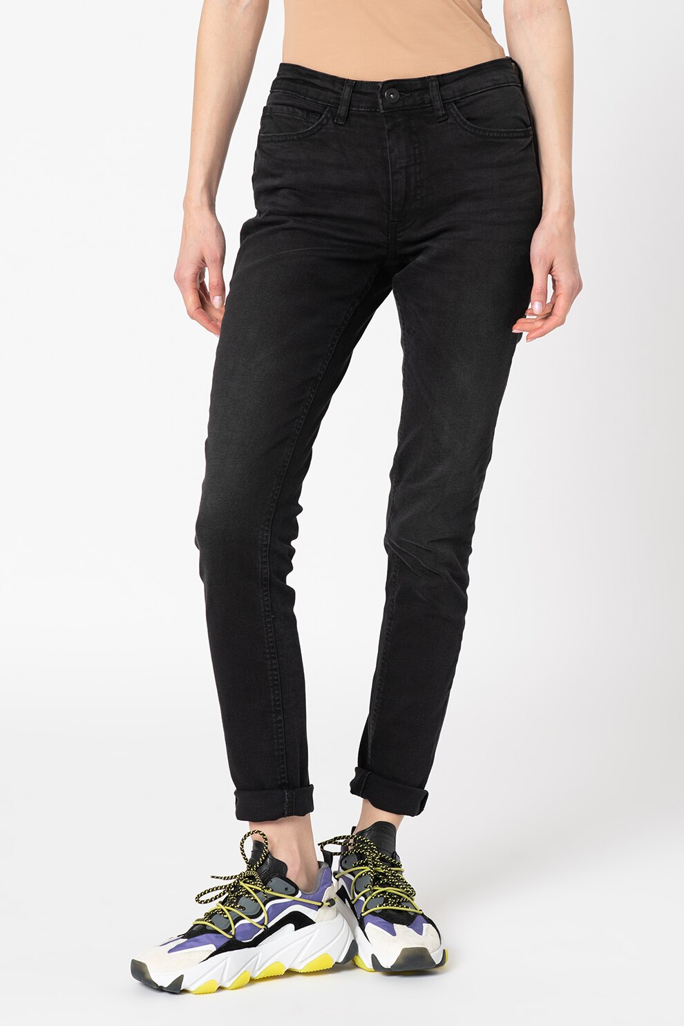 ICHI, Blugi skinny cu talie medie Lulu, Negru stins