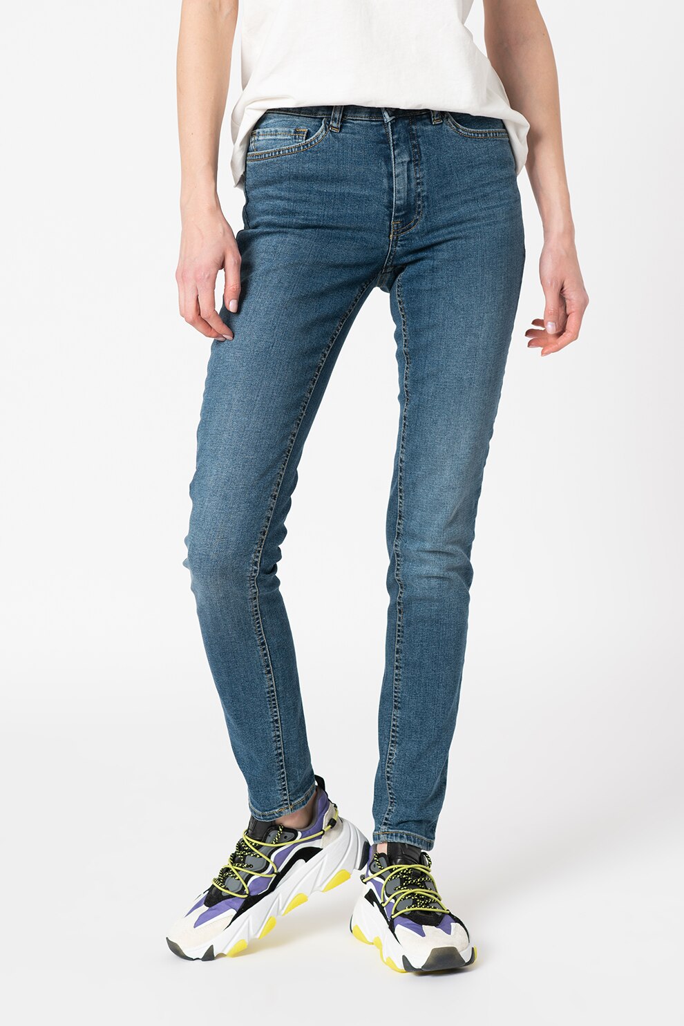 ICHI, Blugi skinny cu talie medie Lulu, Albastru inchis/Alb prafuit