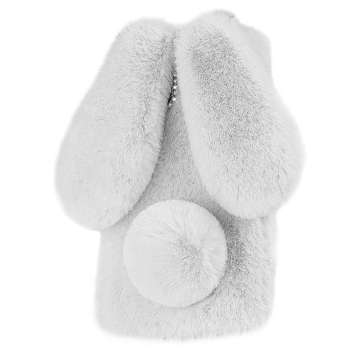 Калъф за телефон Fluffy Bunny, Във формата на пухкаво зайче, С уши и опашка, Изкуствен косъм, Съвместим с iPhone 7, Сив