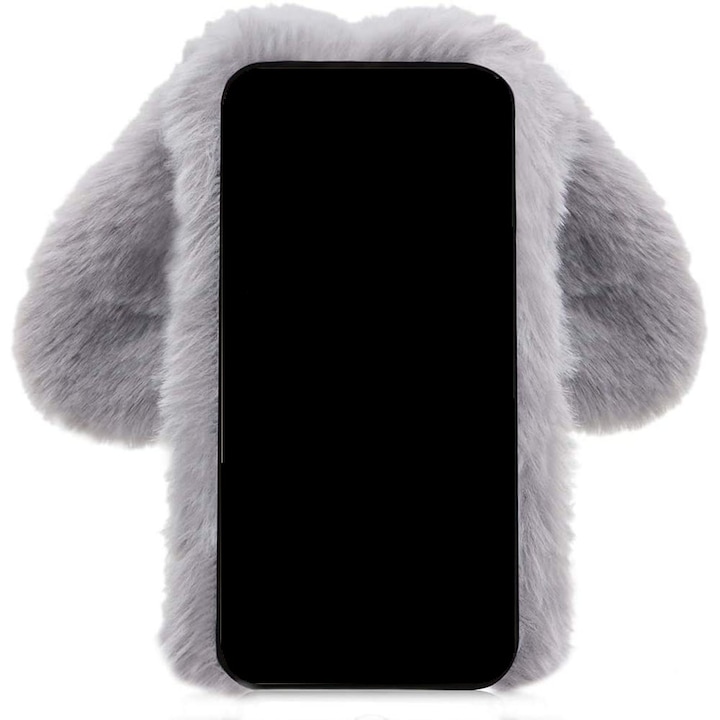 Telefontok, Fluffy Bunny Samsung Galaxy A13 kompatibilis, bolyhos nyuszi formájú, fülekkel és farokkal, műszőrme, szürke