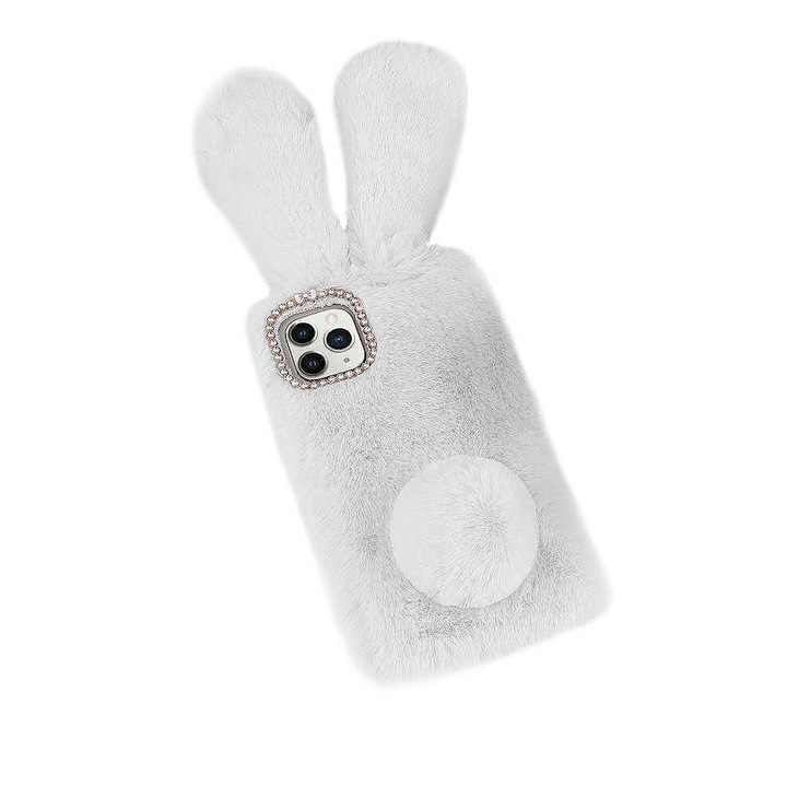 Калъф за телефон Fluffy Bunny, Във формата на пухкаво зайче, С уши и опашка, Изкуствен косъм, Съвместим с iPhone 7, Сив