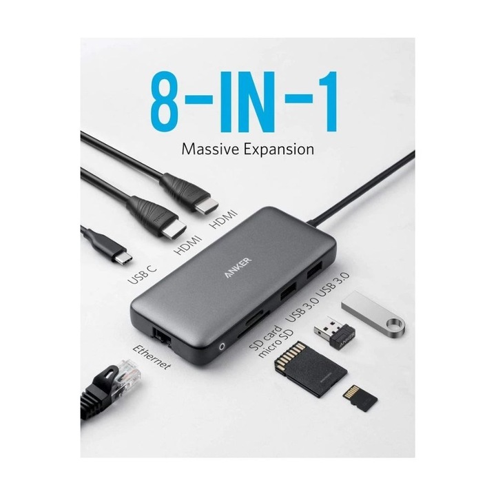 ANKER USB HUB, PowerExpend 8-in-1, USB-C Media Hub, 2xHDMI, 2xUSB3.0, Ethernet, SD/microSD kártyaolvasóval (A83800A)