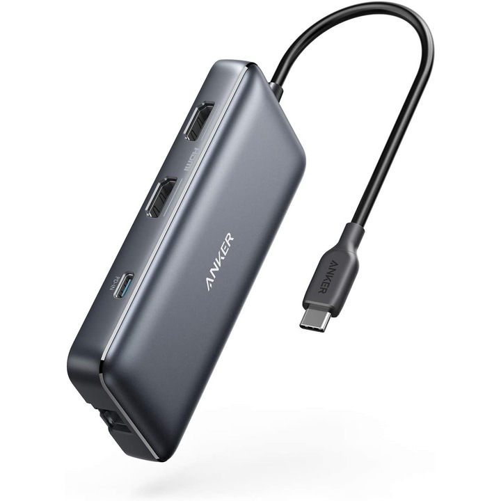 Медия хъб 8в1 Anker PowerExpand 100W Power Delivery, USB-C, Dual 4K HDMI, 1 Gbps Ethernet, 2x USB 3.0, microSD, черен