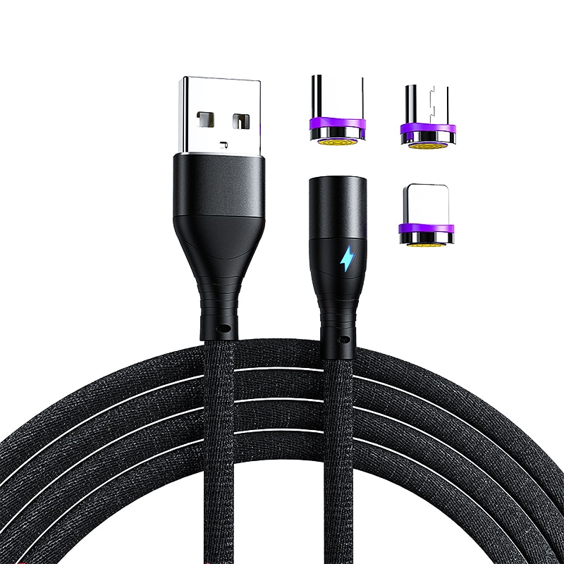 Cablu de date si incarcare 3A Premium 3in1 Magnetic cu LED USB-C, MicroUSB si Lightning iPhone, 3 Conectori 360 Hotriple®, Negru, 100 cm