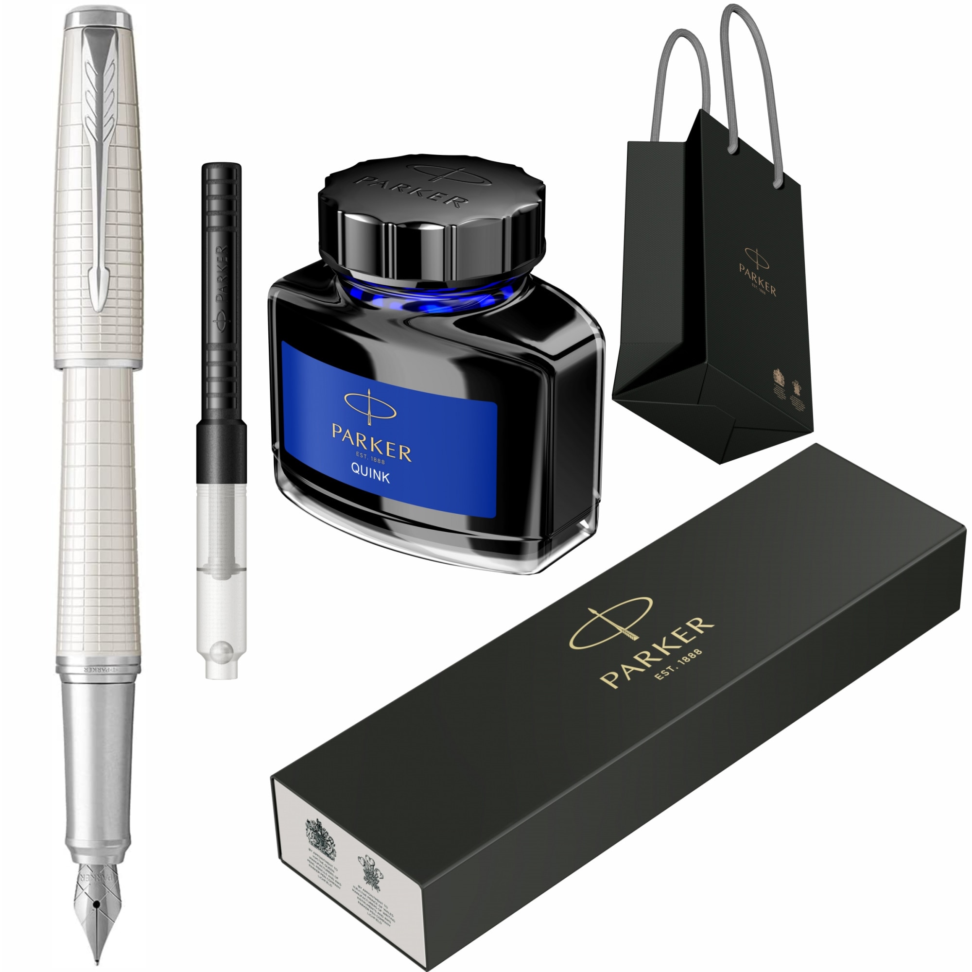 Stilou Parker Urban Royal Premium Pearl Metal Chiselled CT Personalizat prin Gravura Laser cu convertor standard Parker, calimara cerneala Parker si Punga Parker