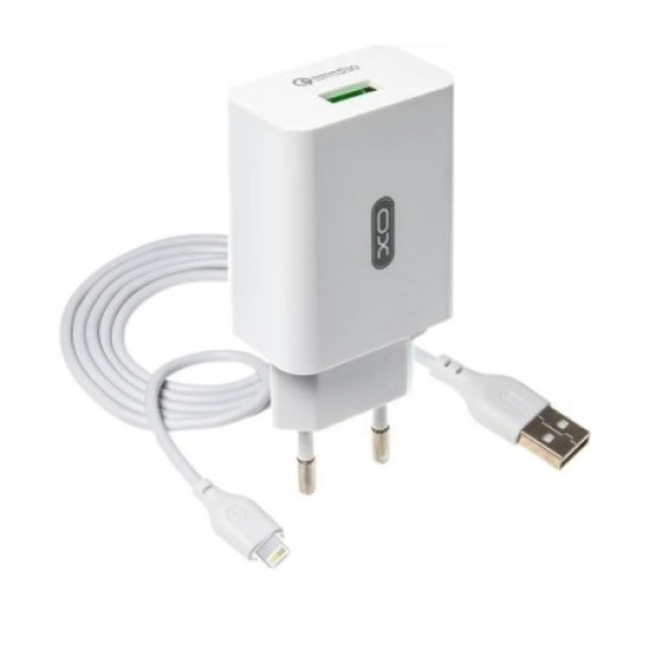 Мрежово зарядно устройство XO Design L36, Кабел Lightning, USB QC 3.0, Бял