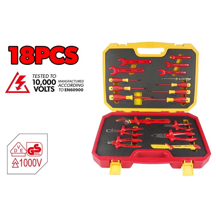 Set 18 unelte izolate TOLSEN VDEline PREMIUM, conform EN60900, cu clesti, surubelnite, chei fixe, cheie reglabila, tester tensiune, cutit cabluri, cutie plastic cu interior EVA, certificate VDE/GS 1000V VDE Otel Rosu|Negru, Set surubelnite|Set chei