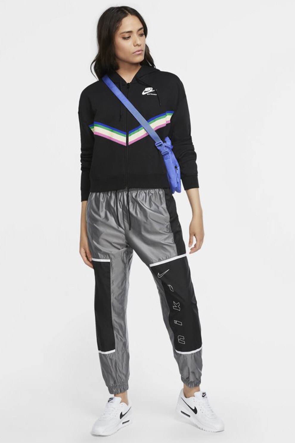 Nike, Hanorac crop cu fermoar, Negru/Alb/Albastru
