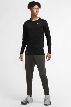 Nike, Bluza termica slim fit cu decolteu la baza gatului si Dry-Fit, Negru/Alb Nike, Bluza termica slim fit cu decolteu la baza gatului si Dry-Fit, Negru/Alb