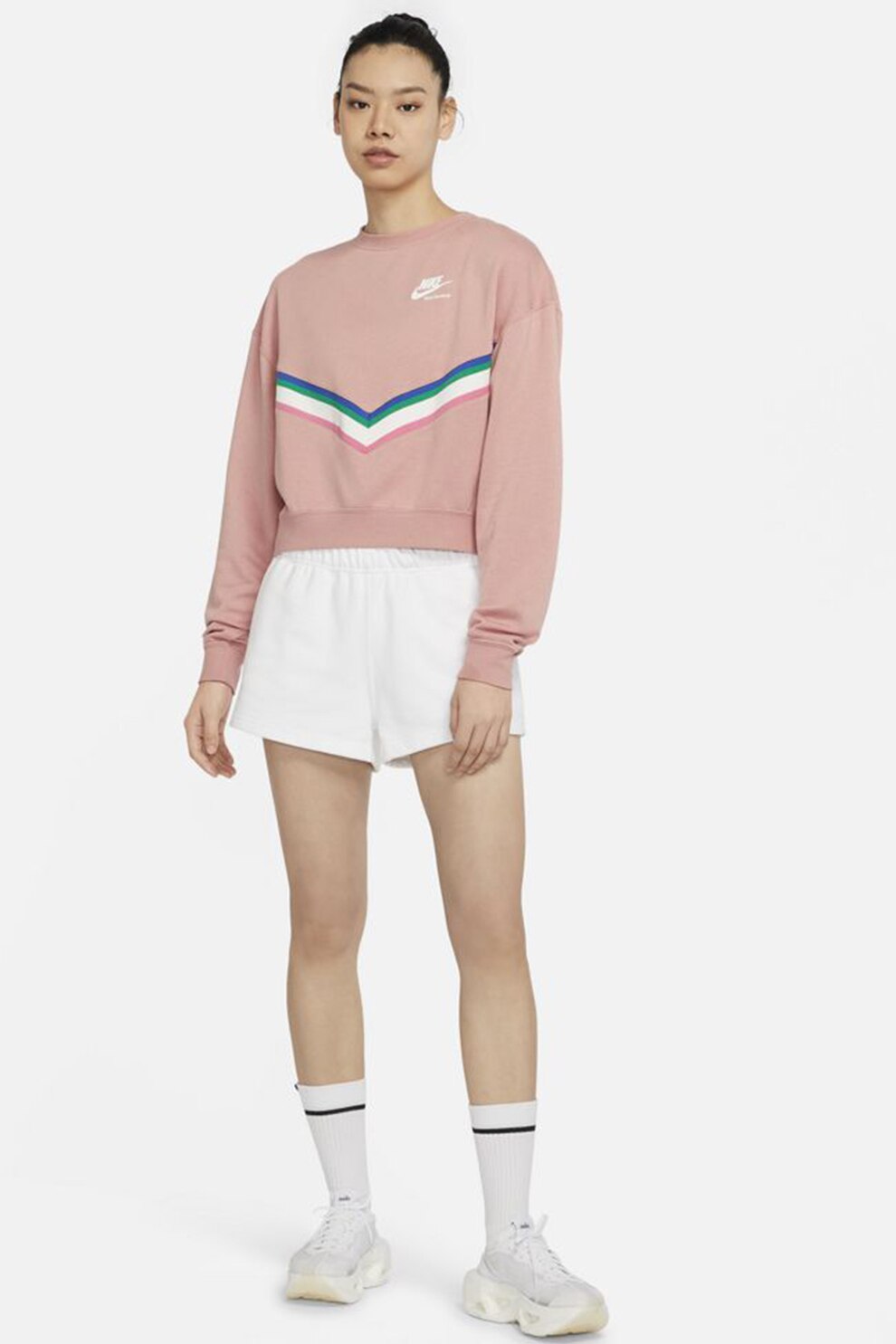 Nike, Bluza sport crop cu decolteu la baza gatului, Roz melange/Alb