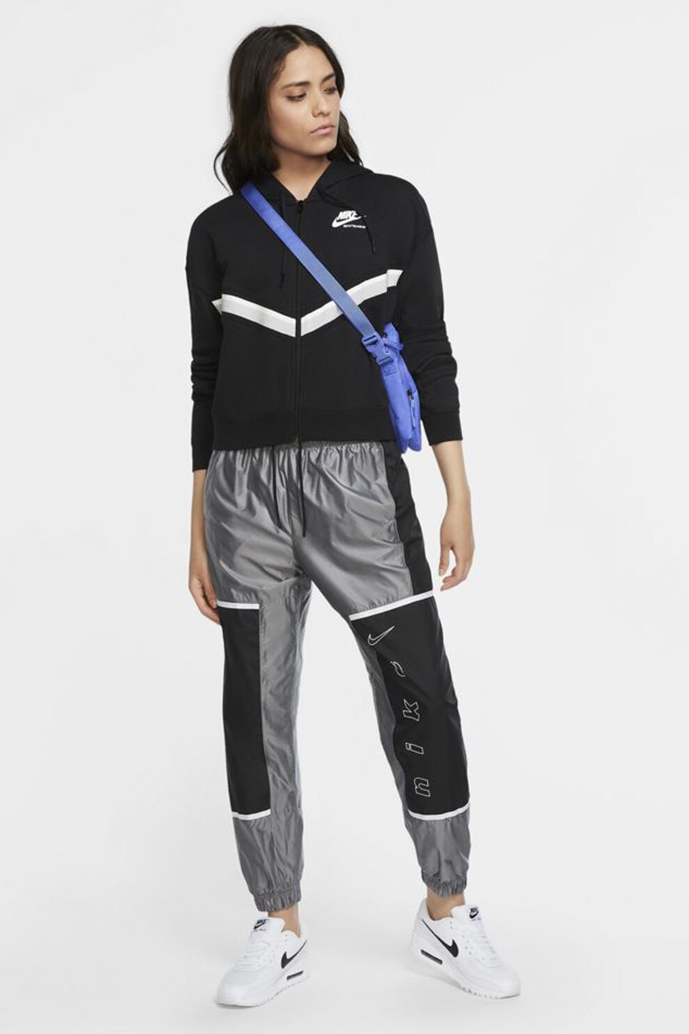 Nike, Hanorac crop cu fermoar, Negru/Gri