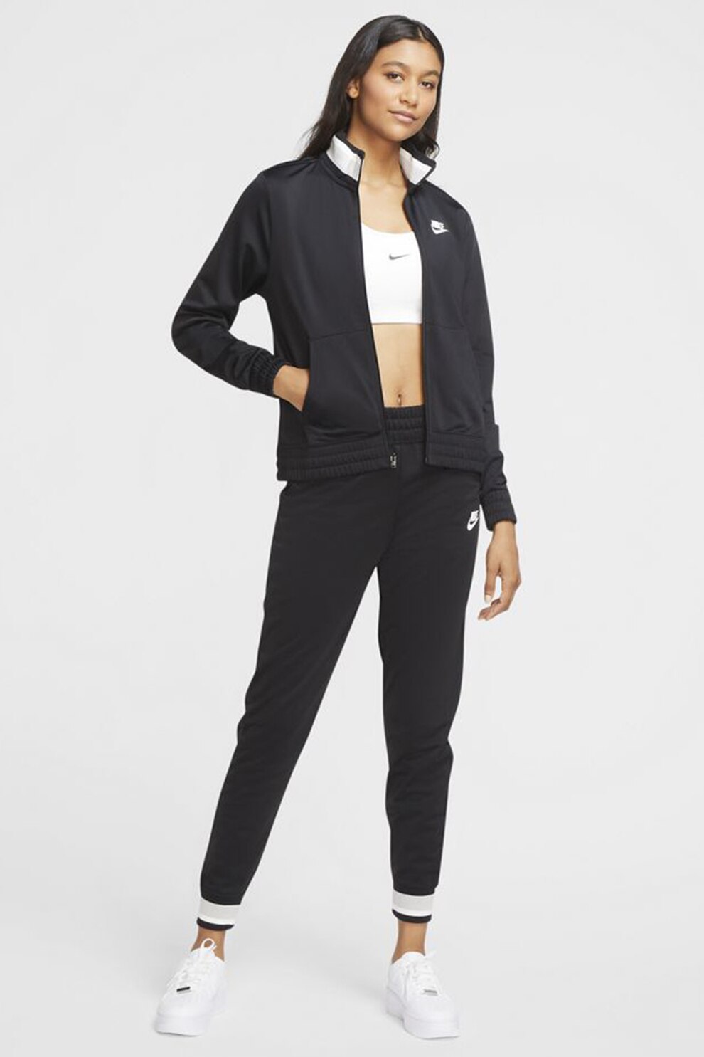 Nike, Bluza sport cu fermoar si imprimeu logo, Negru/Alb