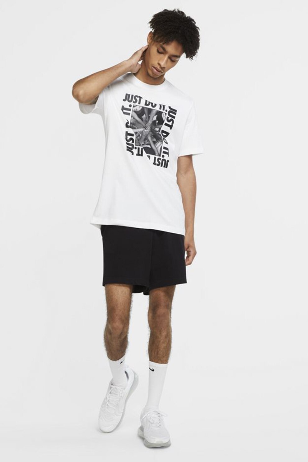 Nike,Tricou cu decolteu la baza gatului si imprimeu foto, Alb/Negru