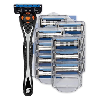 Aparat de ras Amazon Solimo Male 5 + 16 rezerve, lubrifiere dubla, Black/ Silver Aparat de ras Amazon Solimo Male 5 + 16 rezerve, lubrifiere dubla, Black/ Silver