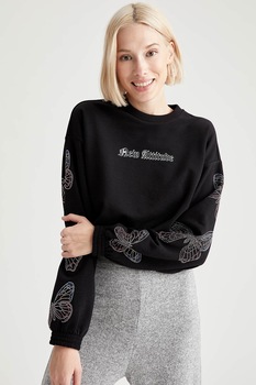 DeFacto, Bluza sport crop cu aplicatii cu strasuri, Negru DeFacto, Bluza sport crop cu aplicatii cu strasuri, Negru