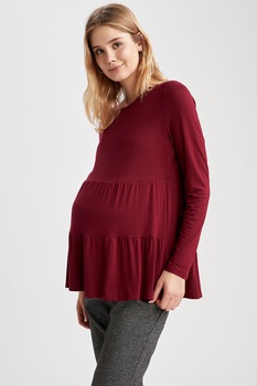 DeFacto, Bluza cu terminatie cu model stratificat, pentru gravide, Rosu Bordeaux, XL