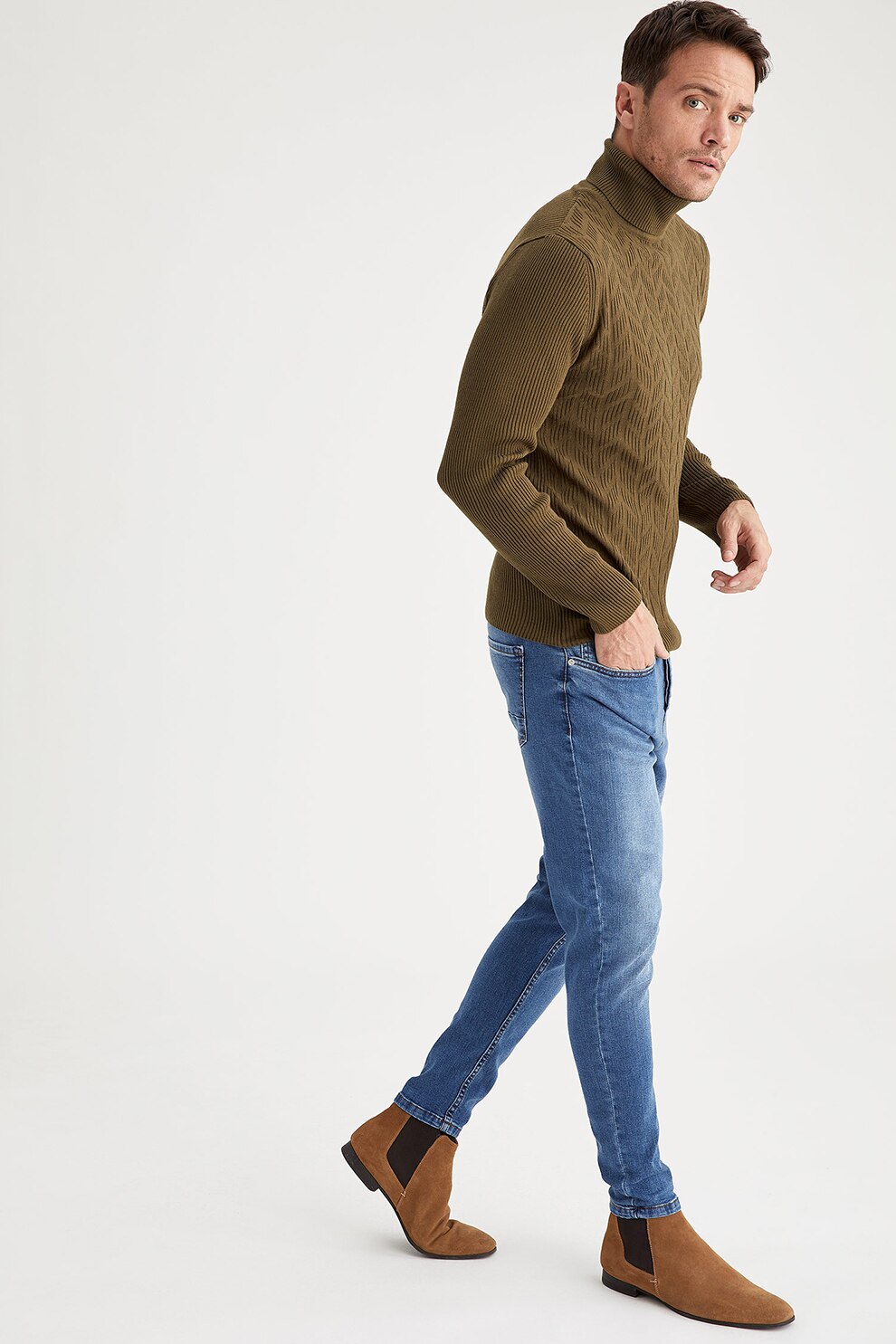 DeFacto, Blugi slim fit cu aspect decolorat, Albastru deschis