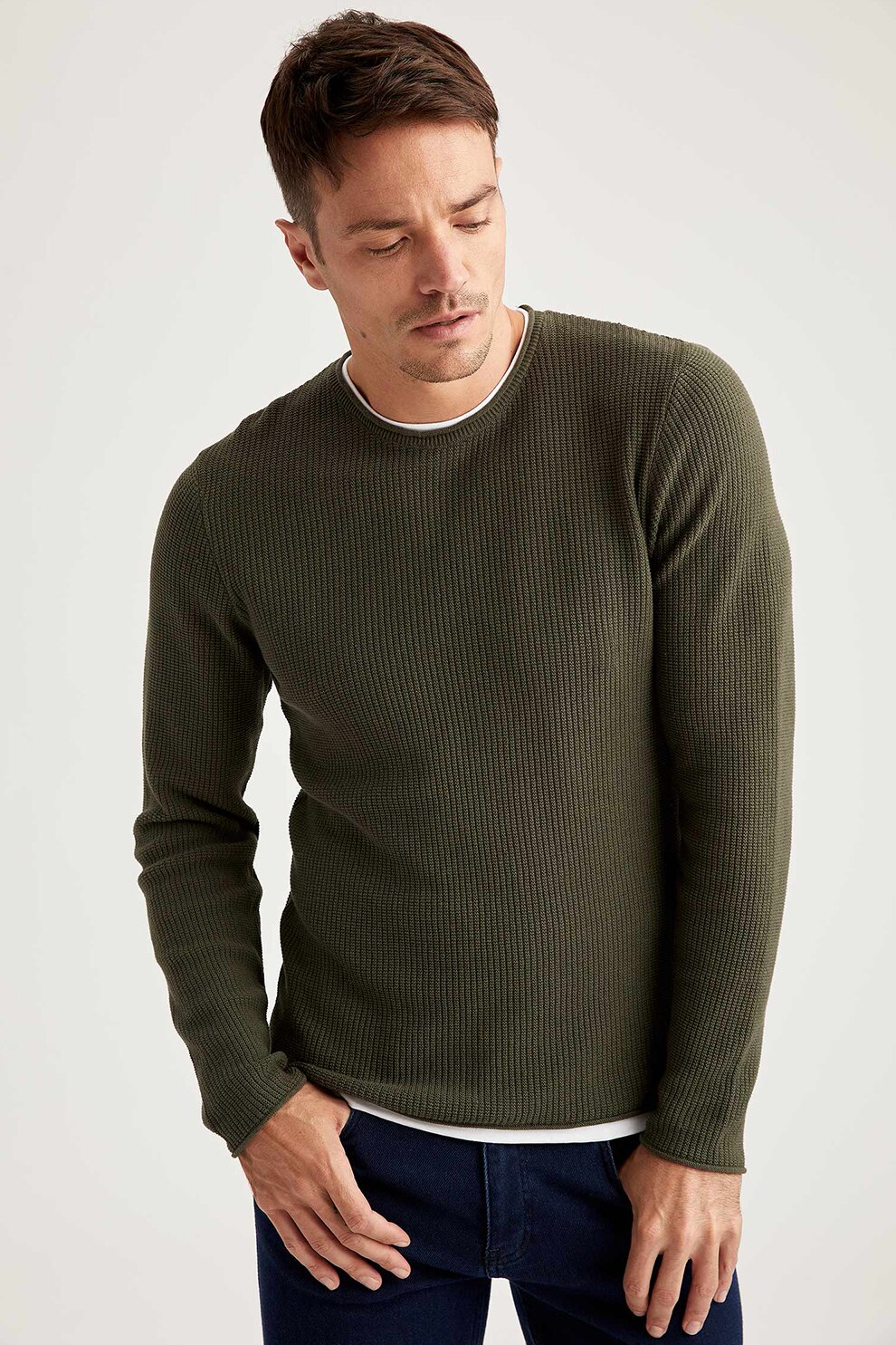 DeFacto, Pulover slim fit cu decolteu la baza gatului, Verde sparanghel, XS