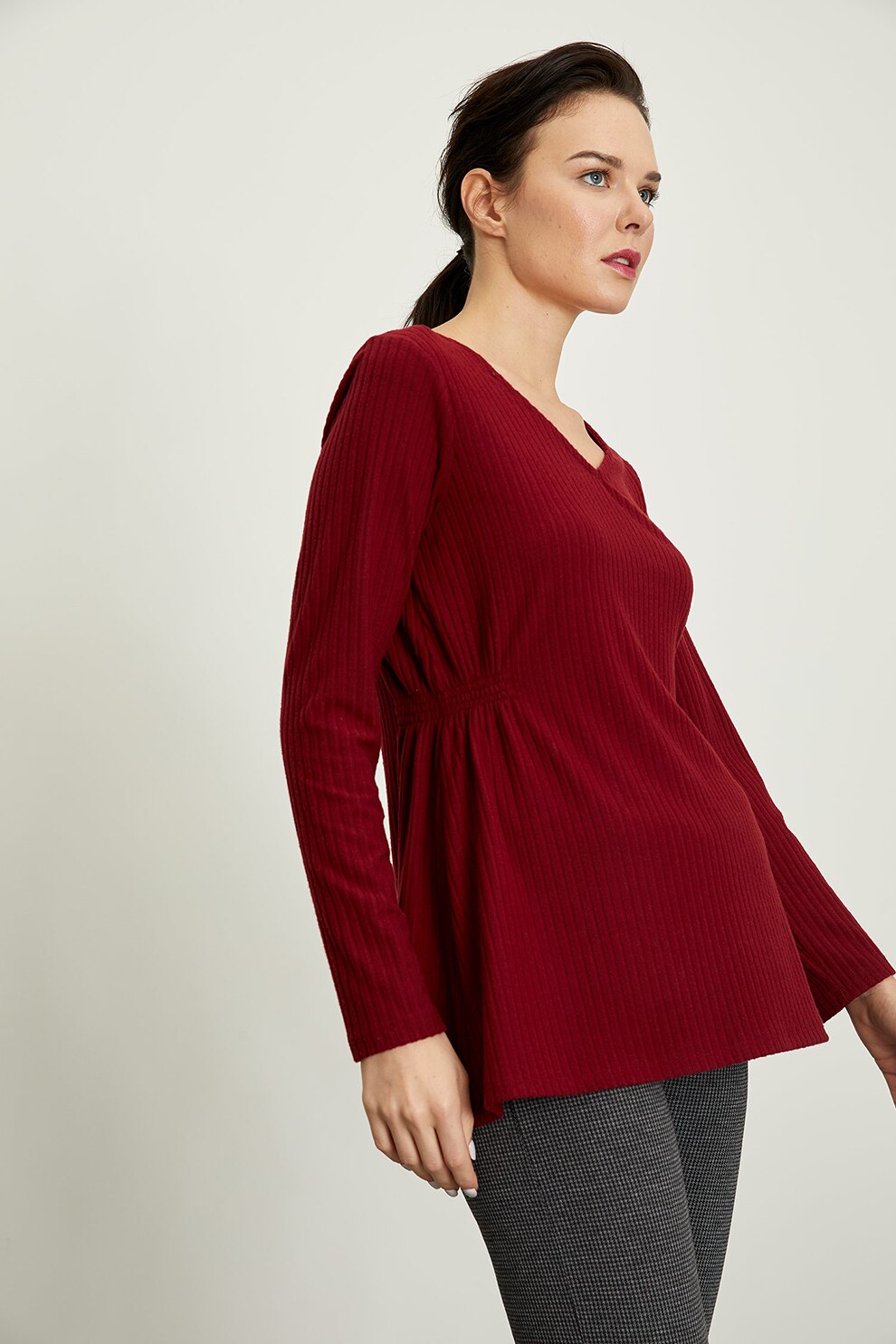 DeFacto, Bluza evazata cu aspect striat, Rosu inchis, XL